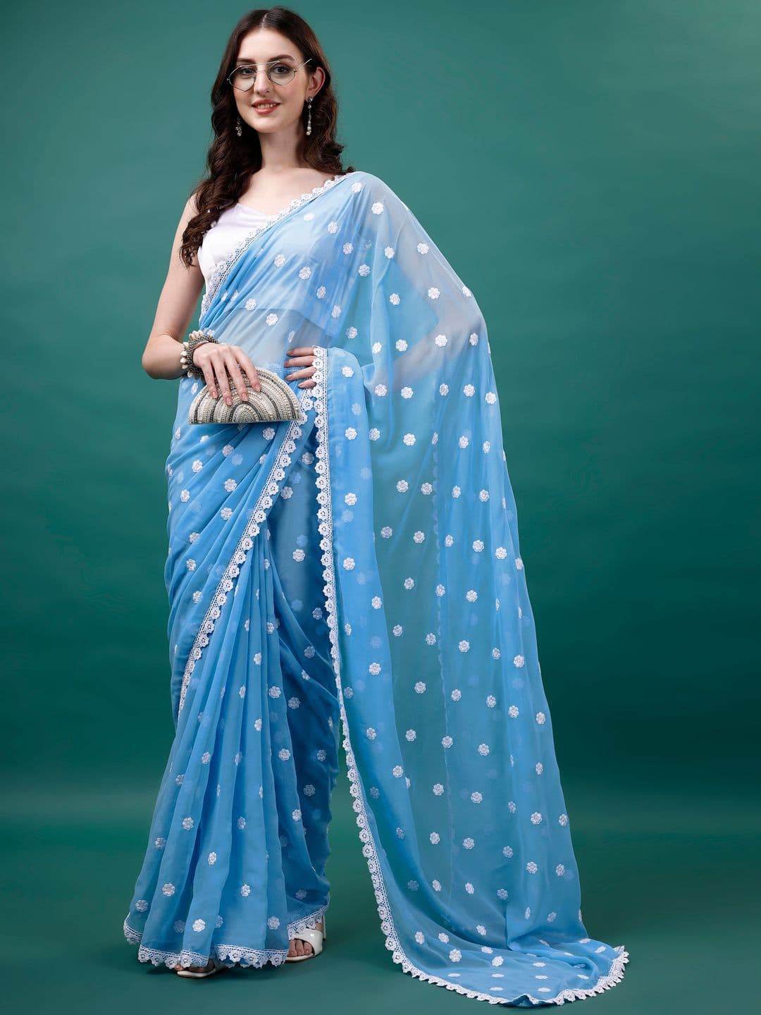HESVI Floral Embroidered Pure Georgette Saree - view 1