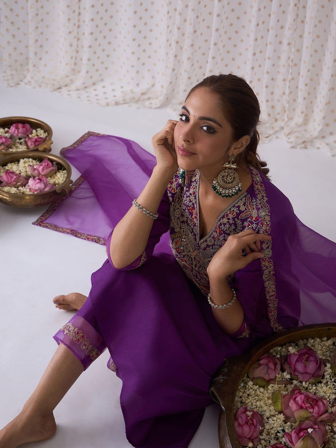 Indo Era Women Ethnic Motifs Embroidered Anarkali Kurta with Trousers & Dupatta - view 1