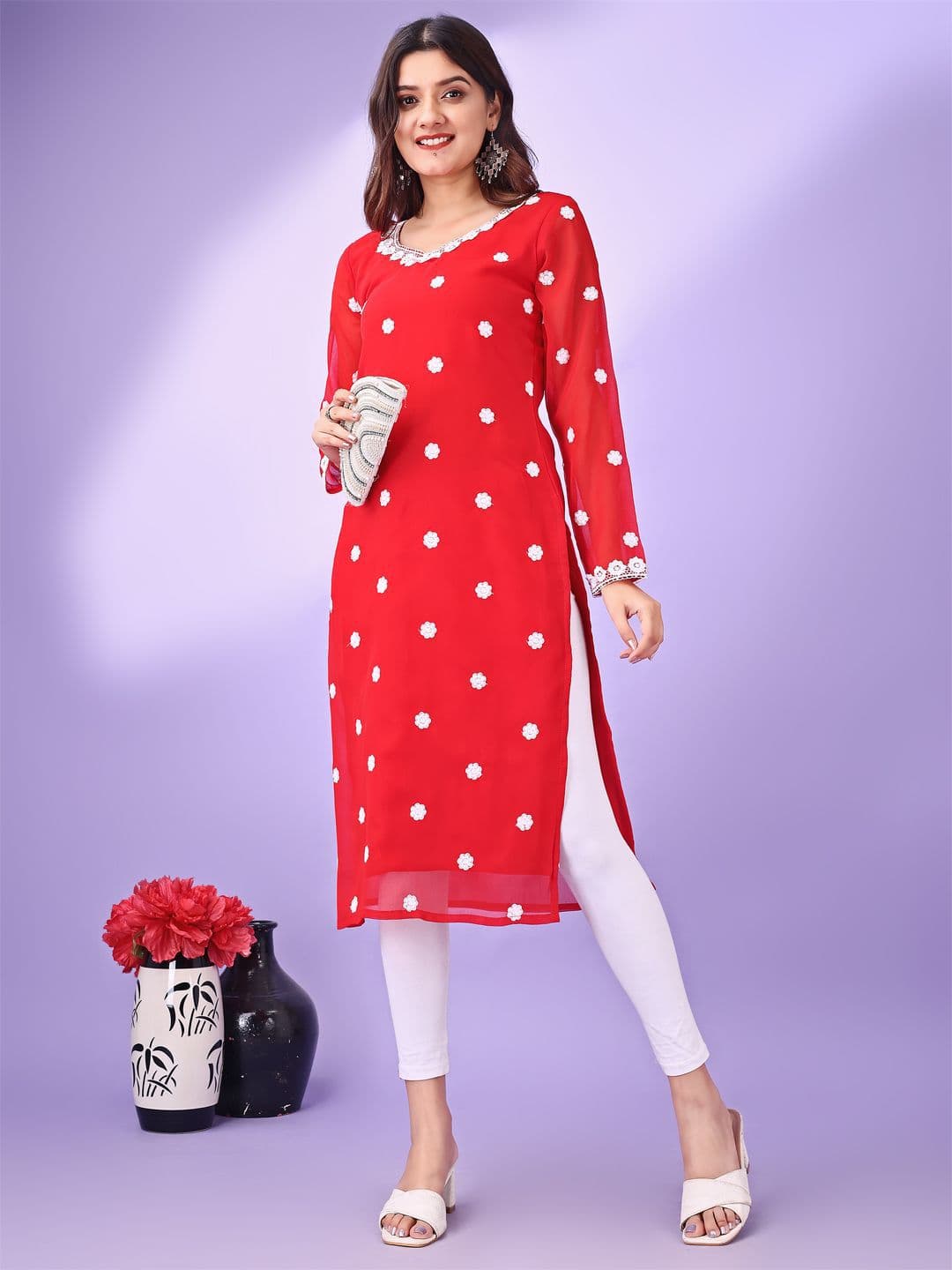 HESVI Women Floral Embroidered Daily Straight Kurta - view 1