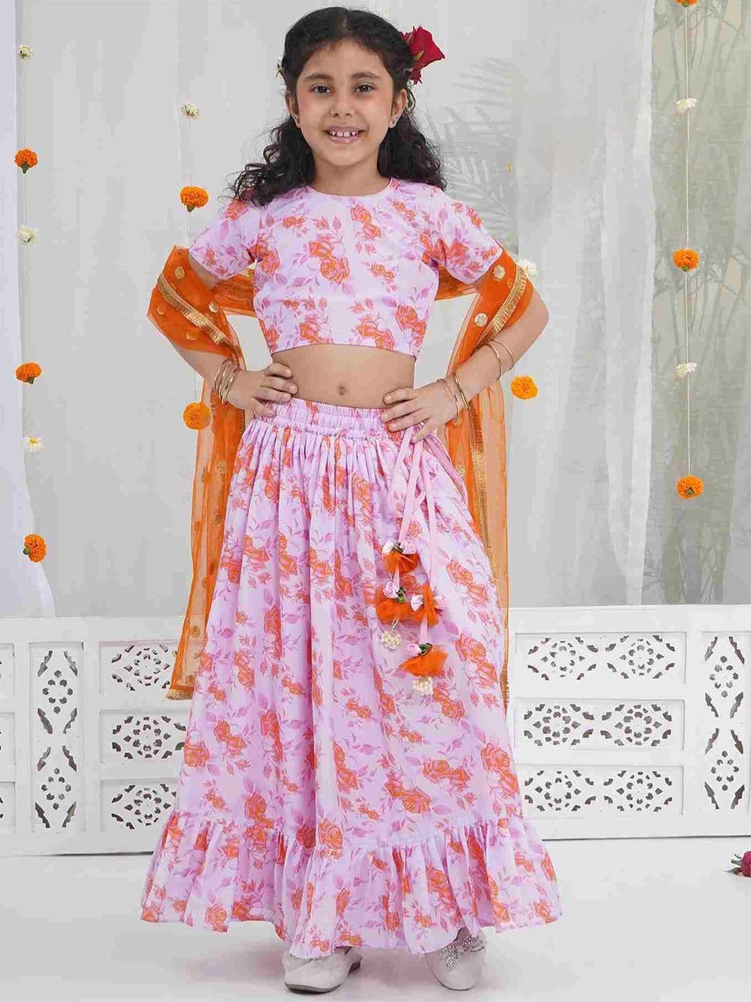 Little Bansi Girls Pink Printed Ready to Wear Cotton Lehenga & Blouse With Dupatta - view 1