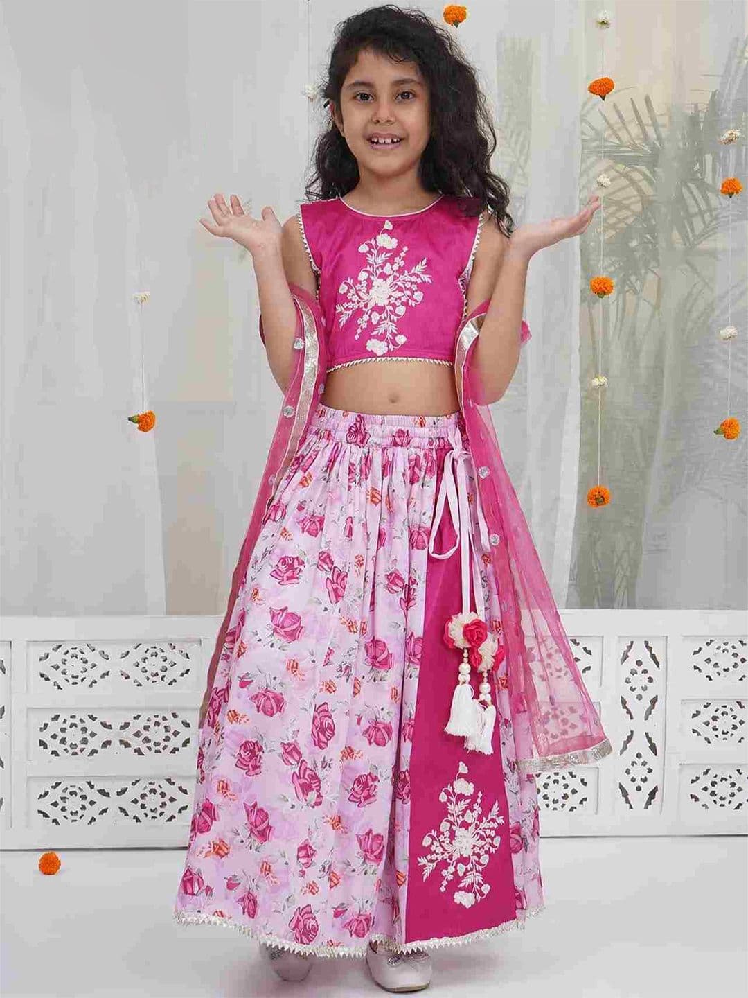 Little Bansi Girls Pink Embroidered Ready To Wear Cotton Lehenga & Blouse With Dupatta - view 1