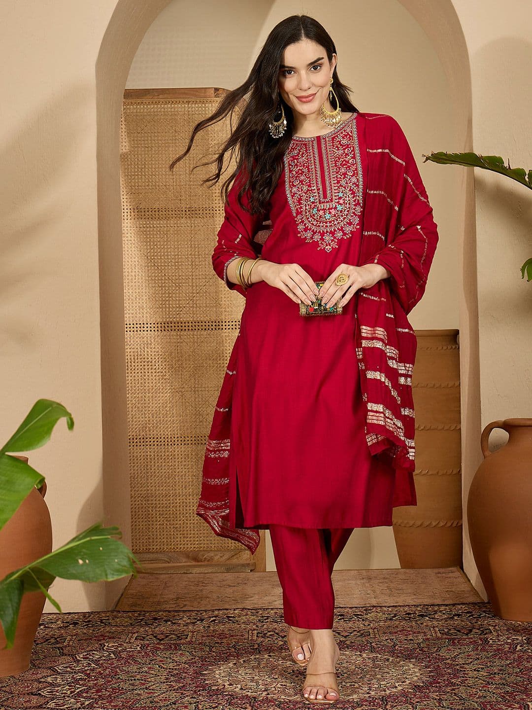 Sangria Floral Embroidered Round Neck Thread Work Kurta With Trousers & Dupatta - view 1