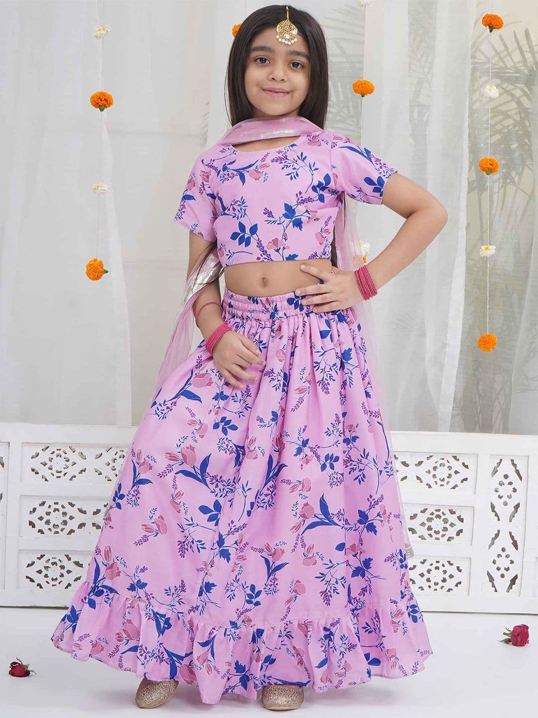 Little Bansi Girls Cotton Lining Muslin Floral Blouse With Lehenga & Dupatta- Pink - view 1