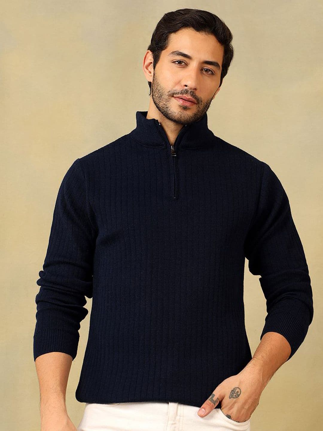 Voxmonks Men Ribbed High Neck Half Zipper Regular Pullover - view 1