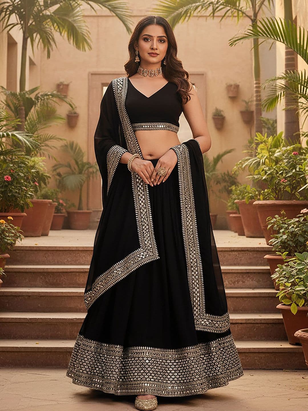 BAESD Embroidered Sequinned Semi-Stitched Lehenga With Unstitched Blouse & Dupatta - view 1