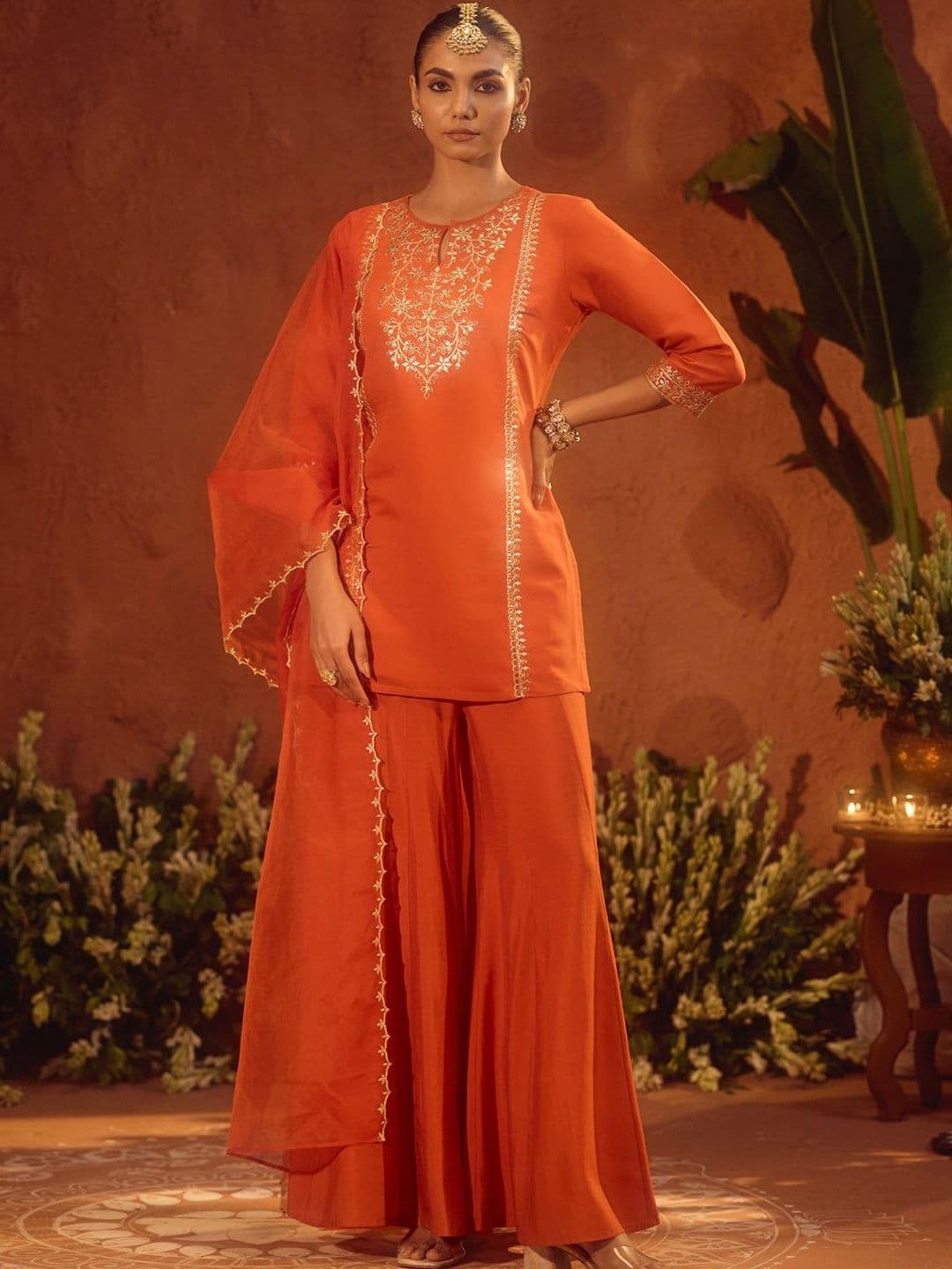 FIORRA Women Embroidered Keyhole Neck Sequinned Straight Kurta With Sharara & Dupatta - view 1