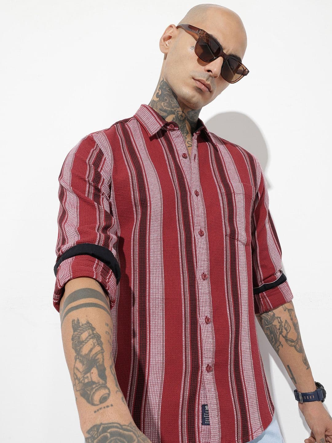 The Roadster Life Co. Pure Cotton Vertical Striped Waffle Weave Casual Shirt - view 1