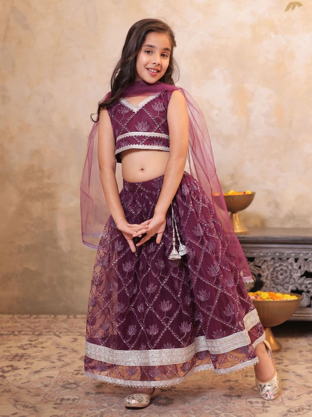 Aj DEZInES Girls Wine Embroidered Ready to Wear Net Sleeveless Lehenga & Blouse With Dupatta - view 1