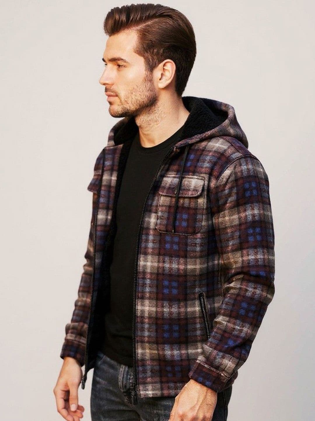 Mast & Harbour Checked Hooded Long Sleeves Woollen Padded Jacket - view 1