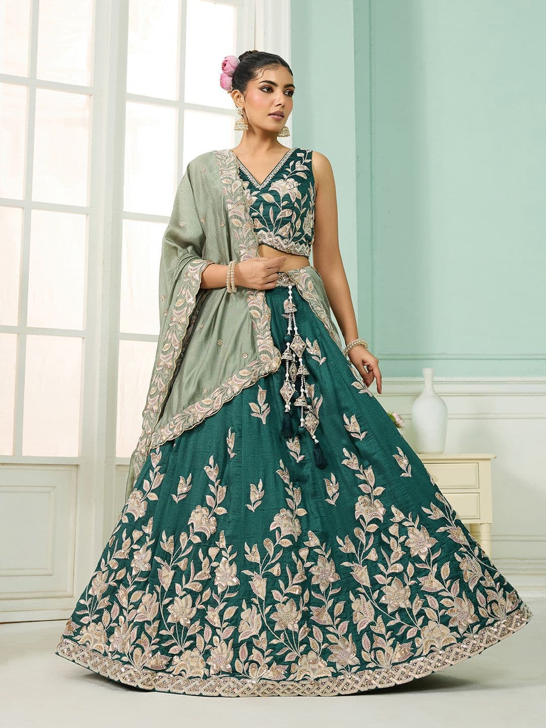 panchhi Embroidered Sequinned Semi-Stitched Silk Lehenga & Unstitched Blouse With Dupatta - view 1