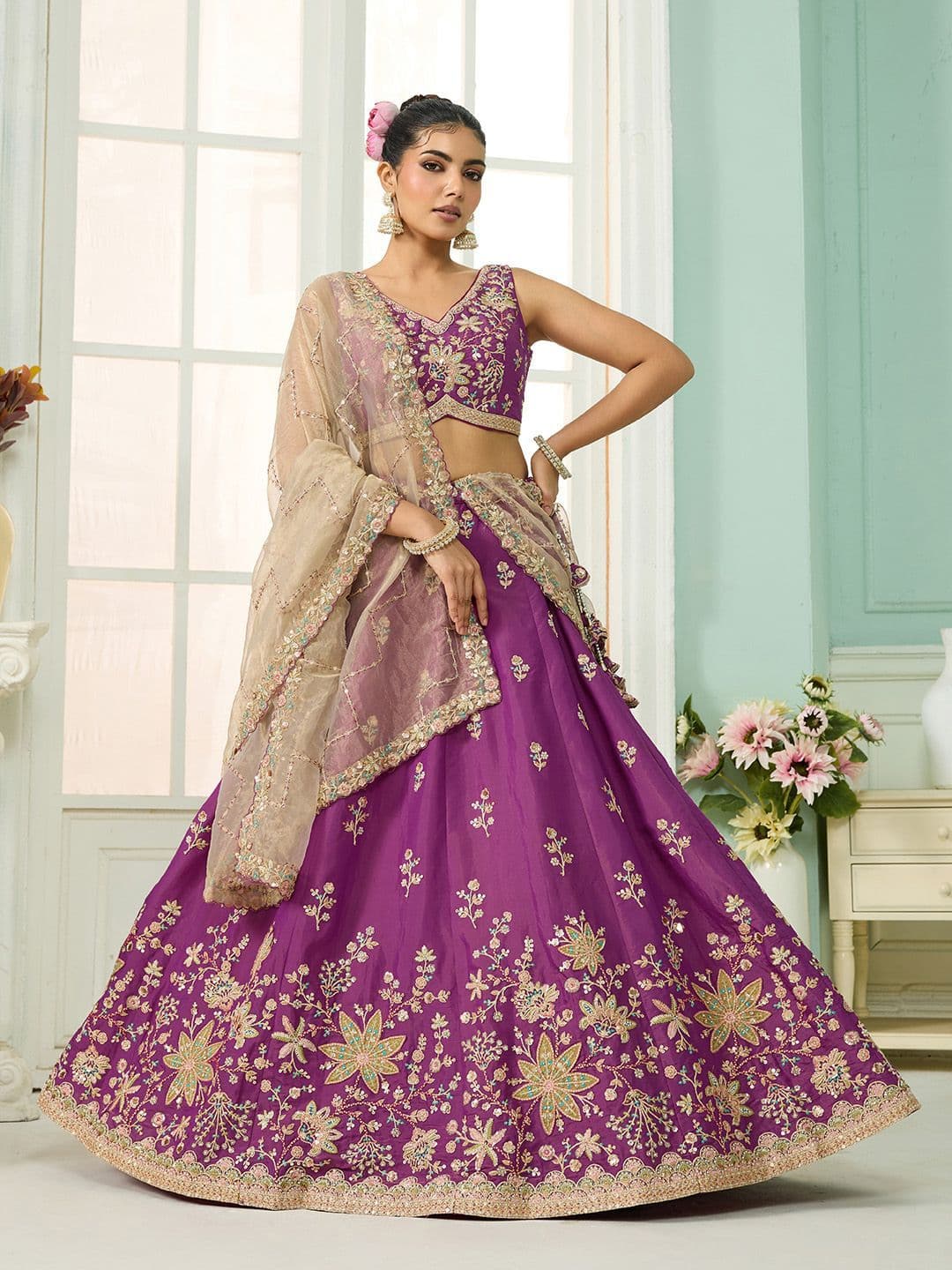 panchhi Embroidered Sequinned Semi-Stitched Georgette Lehenga & Blouse With Dupatta - view 1