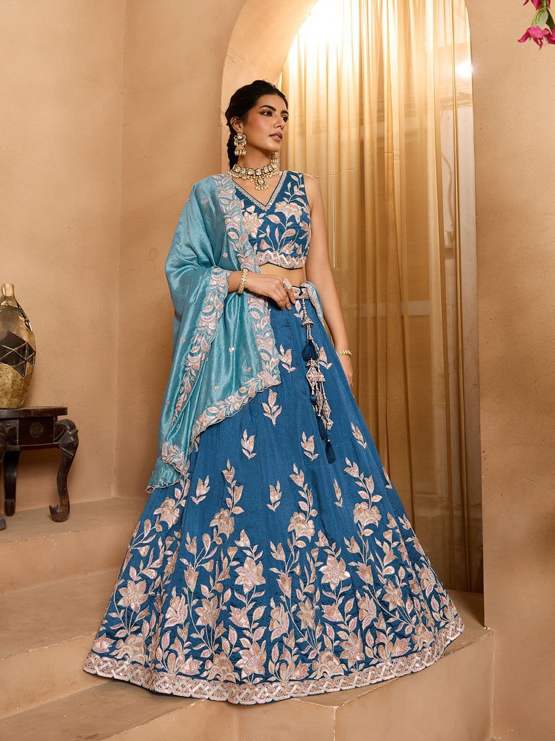 panchhi Embroidered Sequinned Semi-Stitched Silk Lehenga & Unstitched Blouse With Dupatta - view 1