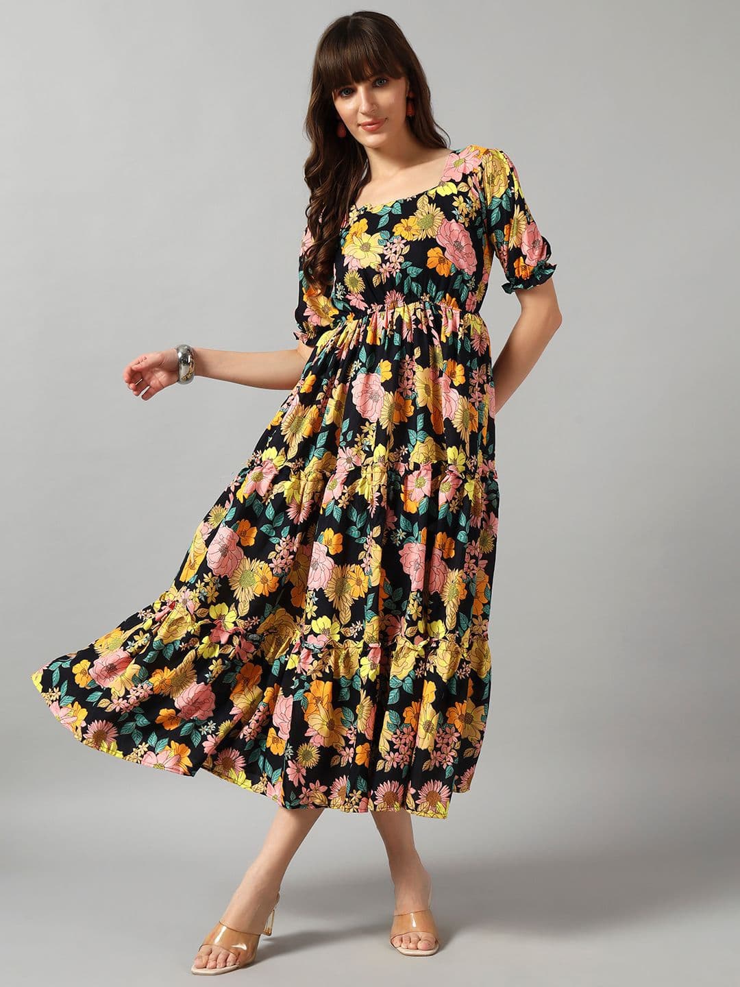 Raiyani Enterprise Floral Printed Square Neck Fit And Flare Maxi Dress - view 1