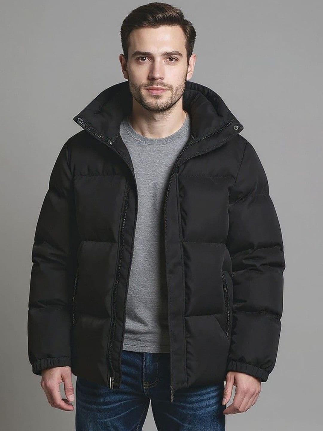 Mast & Harbour Men Black Solid Stand Collar Puffer Jacket - view 1