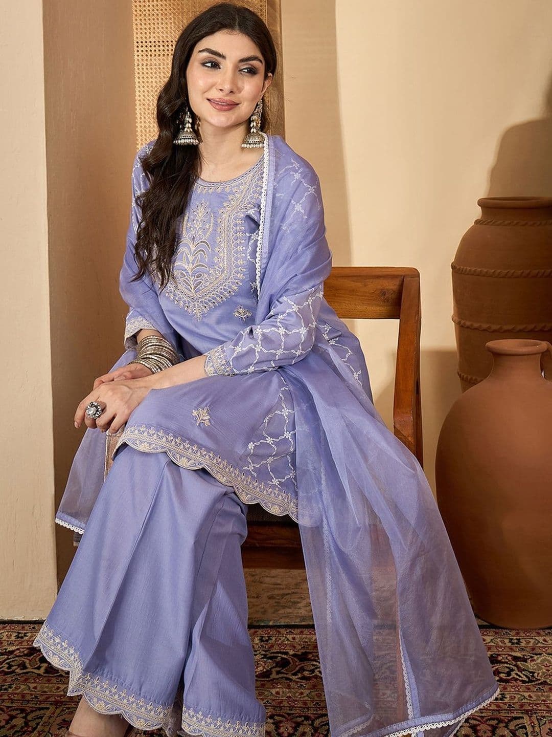 Sangria Floral Embroidered Thread Work Chinon Silk A-Line Kurta With Palazzos & Dupatta - view 1