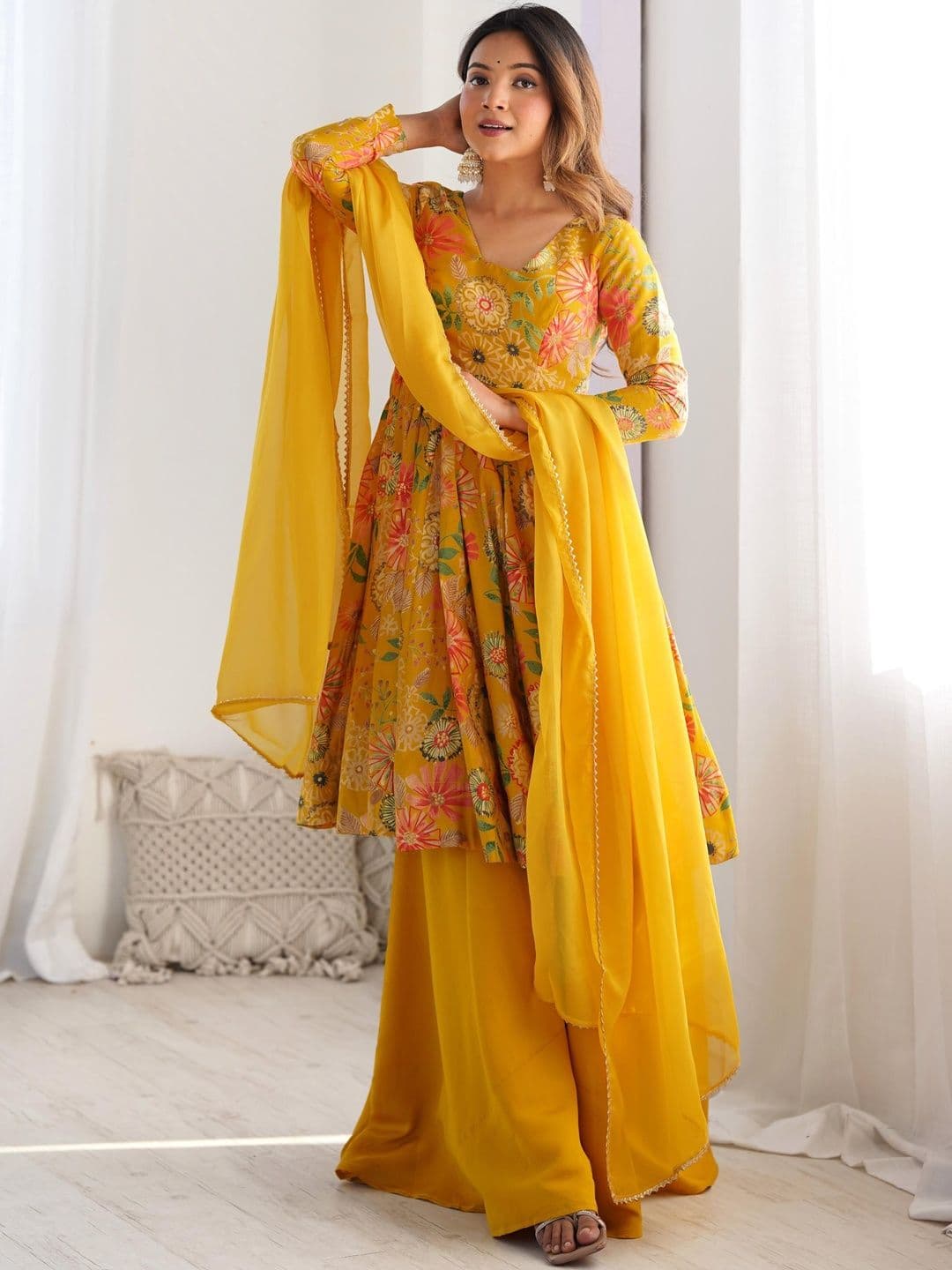 SAJAVAT ETHENIC WEAR Women Floral Printed Panelled Pure Silk Kurta with Sharara & Dupatta - view 1