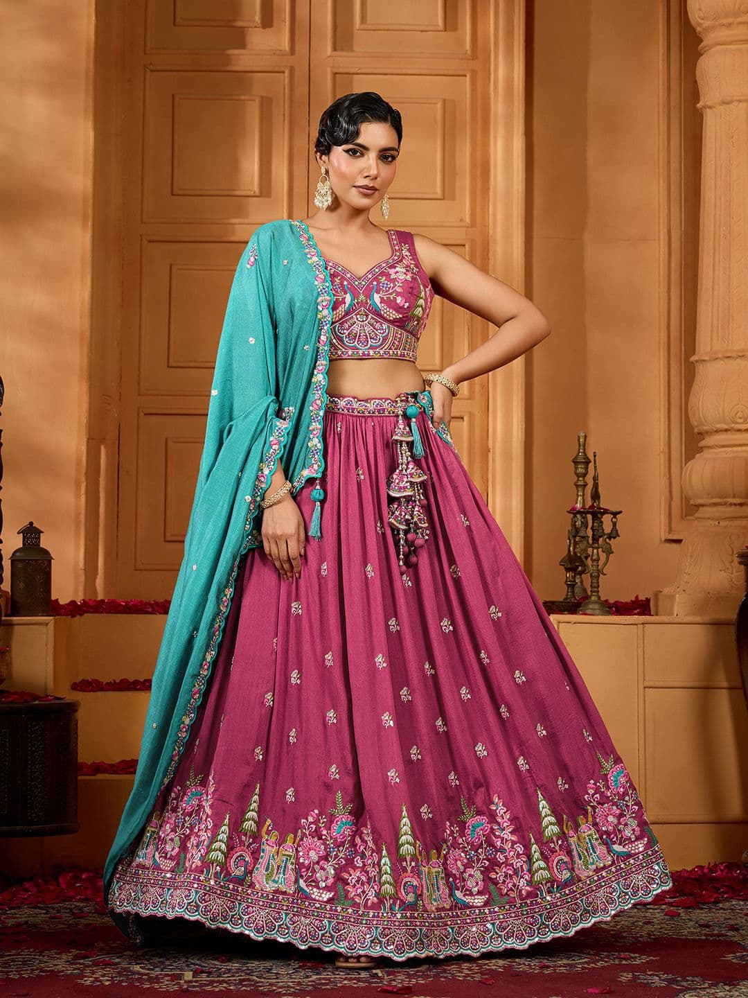 panchhi Embroidered Sequinned Semi-Stitched Silk Lehenga & Unstitched Blouse With Dupatta - view 1