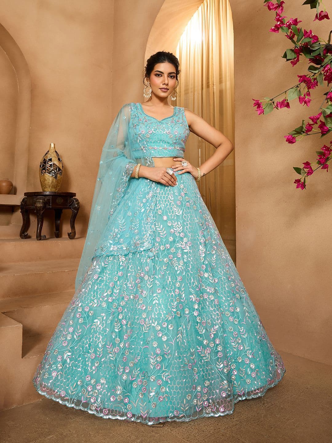 panchhi Embroidered Sequinned Semi-Stitched Net Lehenga & Unstitched Blouse With Dupatta - view 1