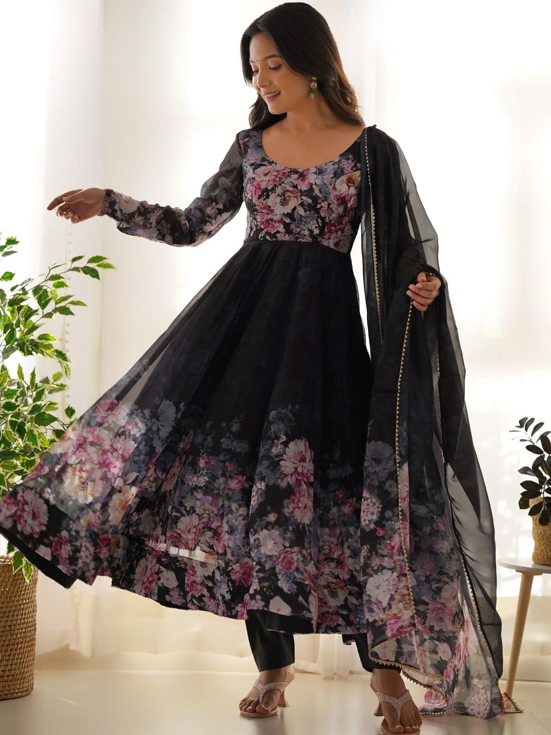 SAJAVAT ETHENIC WEAR Floral Printed Pure Silk Kurta With Trousers & Dupatta - view 1