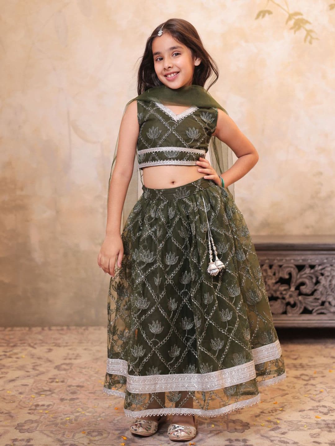 Aj DEZInES Girls Green Embroidered Thread Work Ready to Wear Net Lehenga & Blouse With Dupatta - view 1