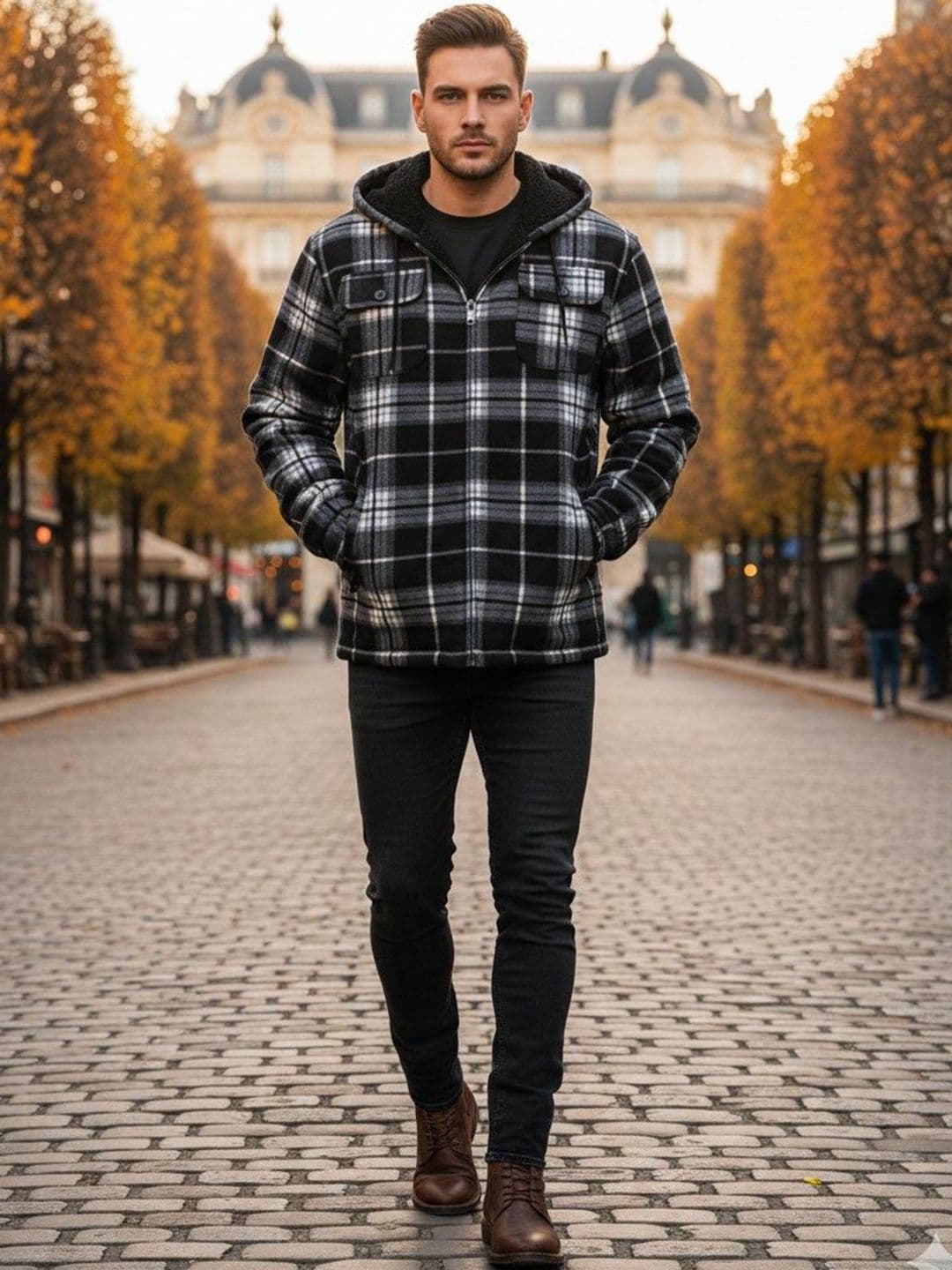 Mast & Harbour Checked Hooded Long Sleeves Woollen Padded Jacket - view 1