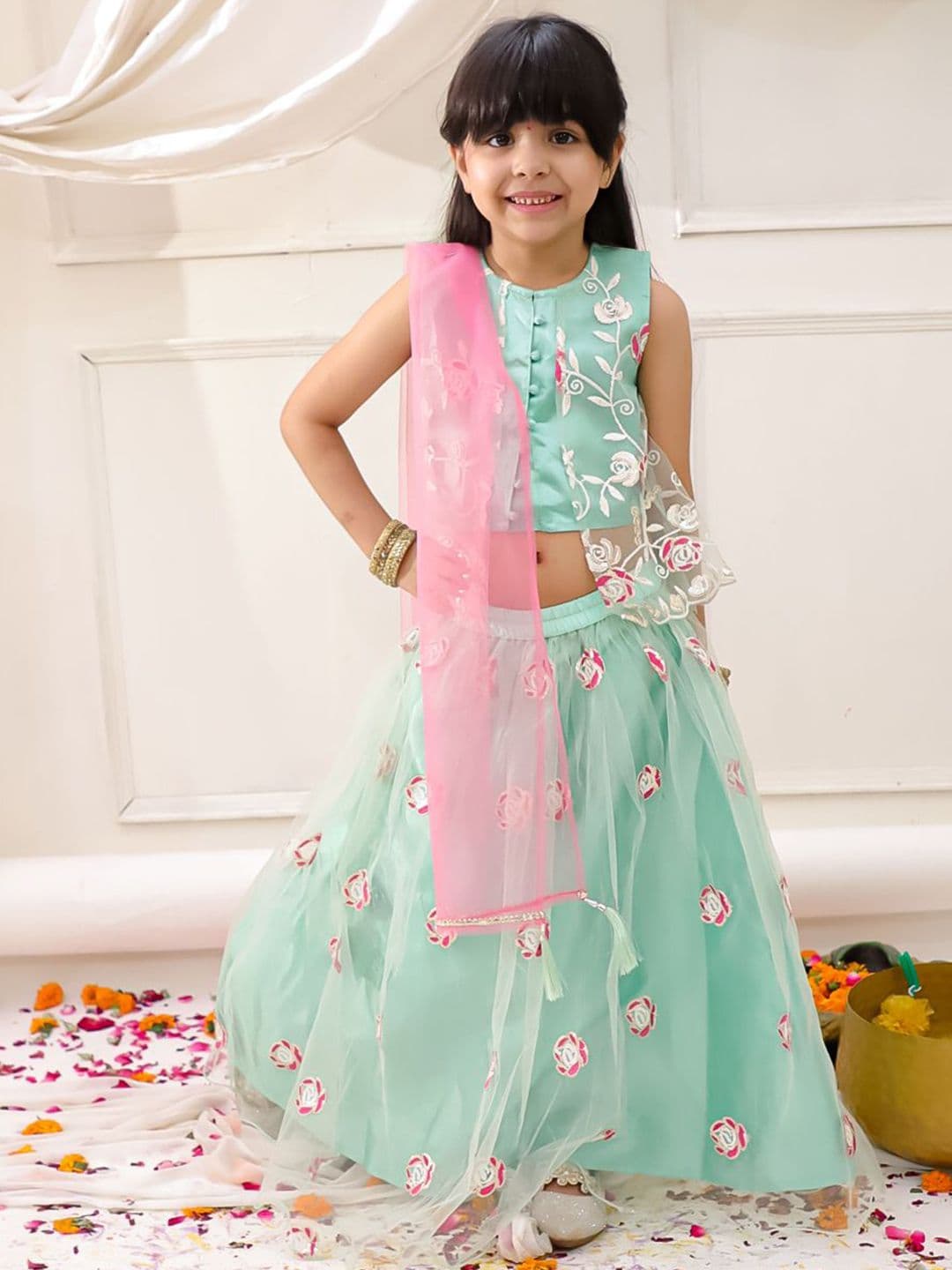KID1 Girls Floral Embroidered Thread Work Net Ready to Wear Lehenga & Choli With Dupatta - view 1