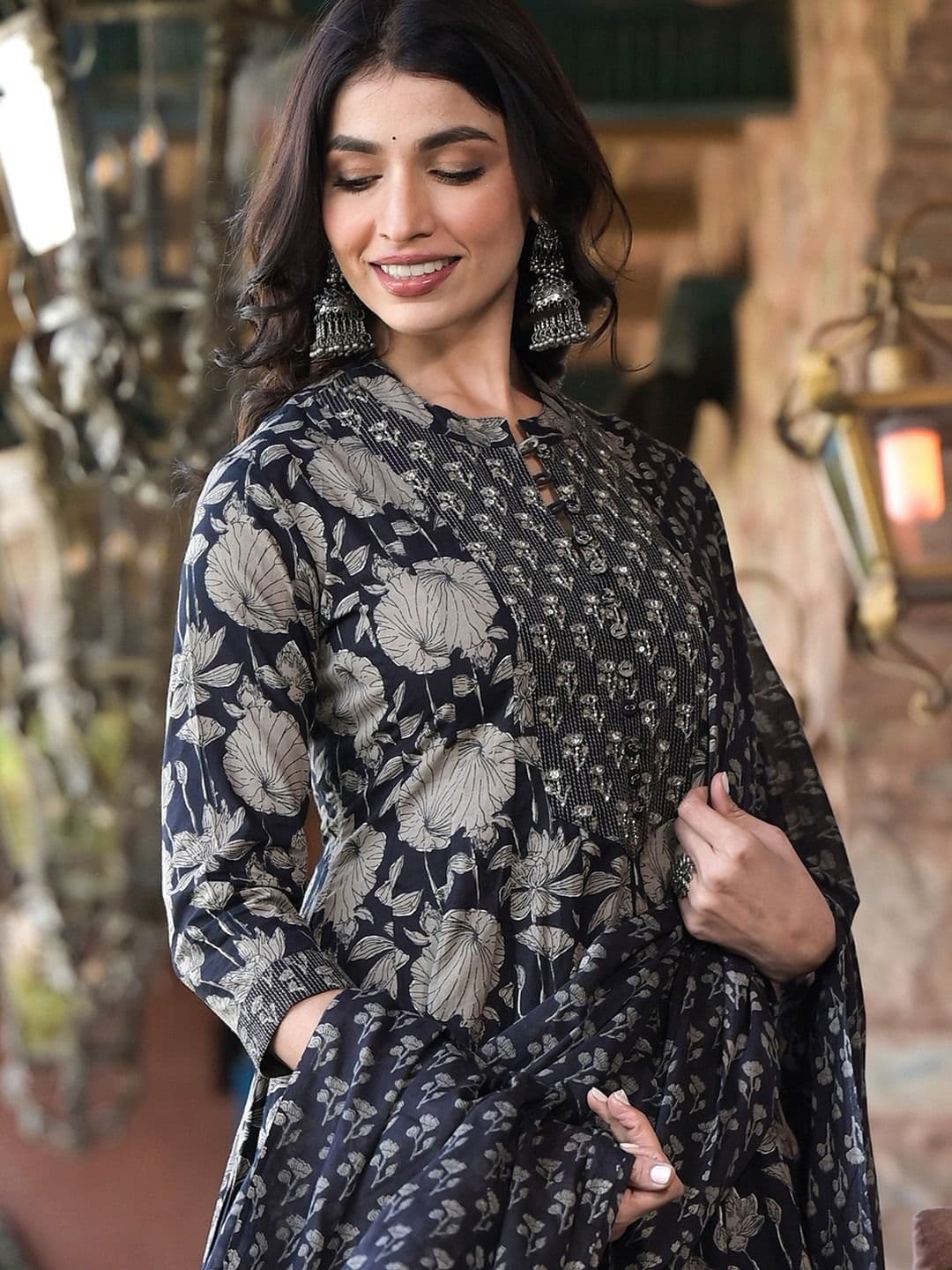 Varanga Black Floral Printed Pure Cotton Anarkali Kurta With Trousers & Dupatta - view 1