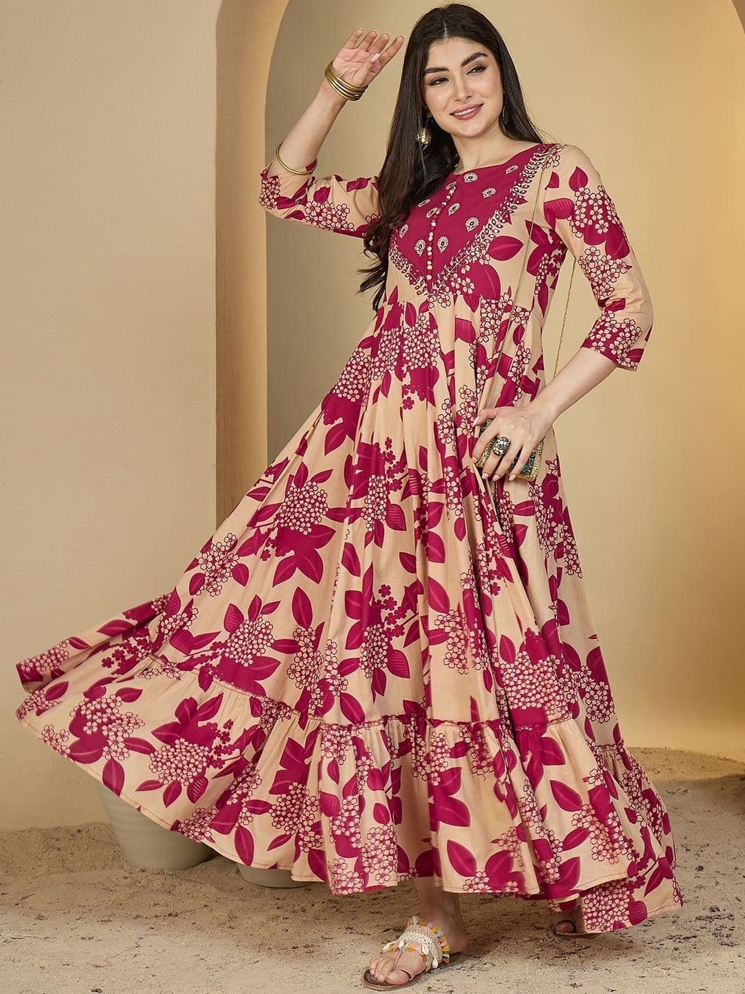 Sangria Women Magenta Cotton Embroidered Anarkali Kurtas - view 1