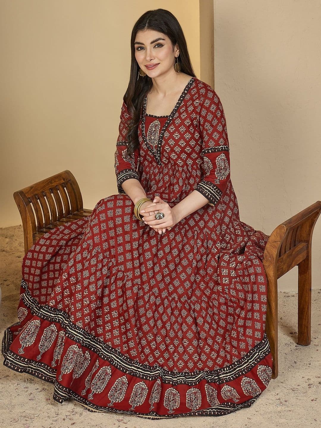 Sangria Women Maroon Cotton Ethnic Motifs Printed Block Print Anarkali Kurta - view 1
