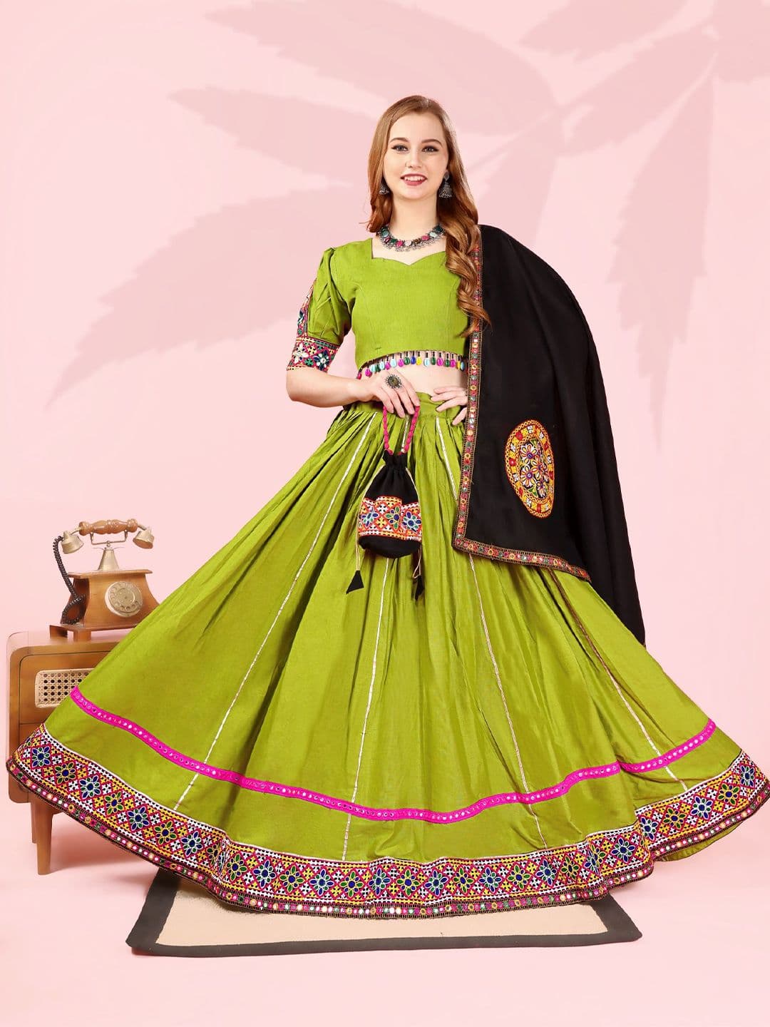 Aavisa Queency Embellished Thread Work Cotton Ready to Wear Lehenga & Blouse With Dupatta - view 1