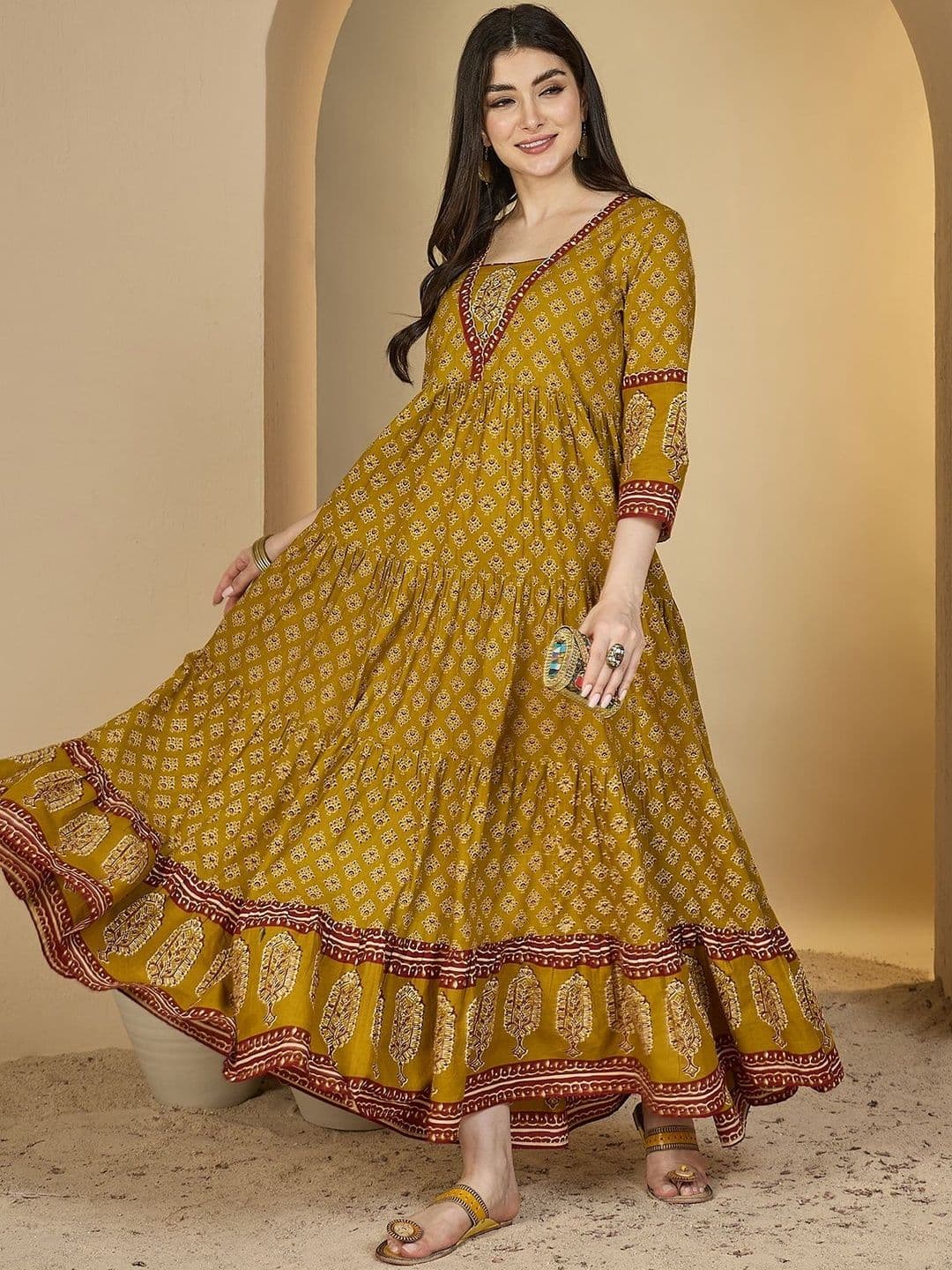 Sangria Women Mustard Cotton Ethnic Motifs Printed Block Print Anarkali Kurta - view 1