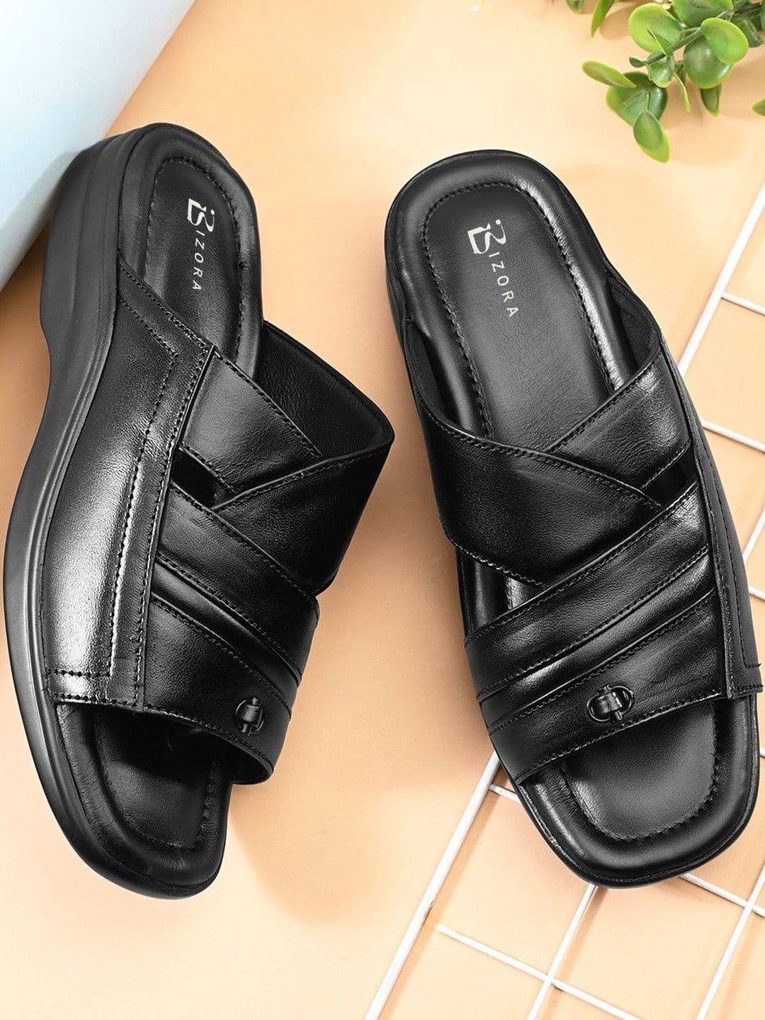 BIZORA Men Black Leather Comfort Sandals - view 1
