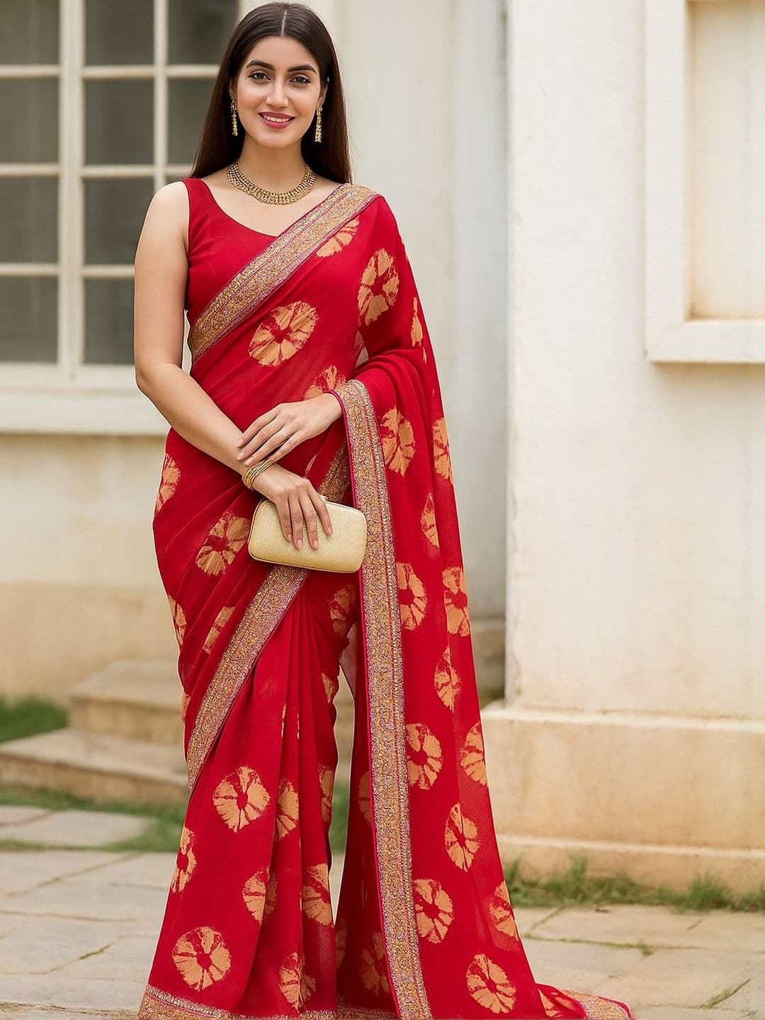 HERE&NOW Women Red Floral Printed Poly Georgette Saree With Blouse Piece - view 1