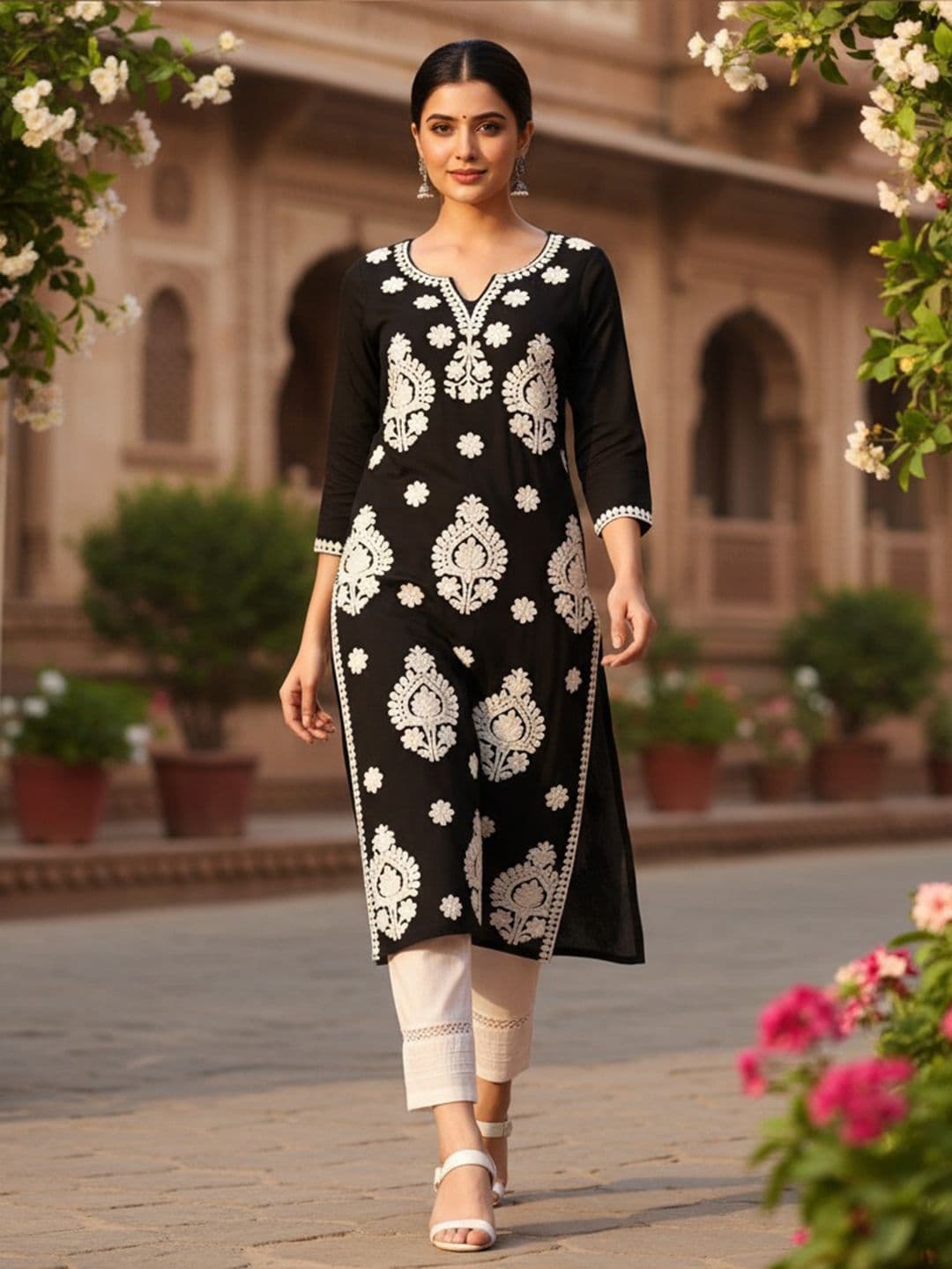 KALINI Floral Embroidered Notch Neck Thread Work Straight Kurta - view 1