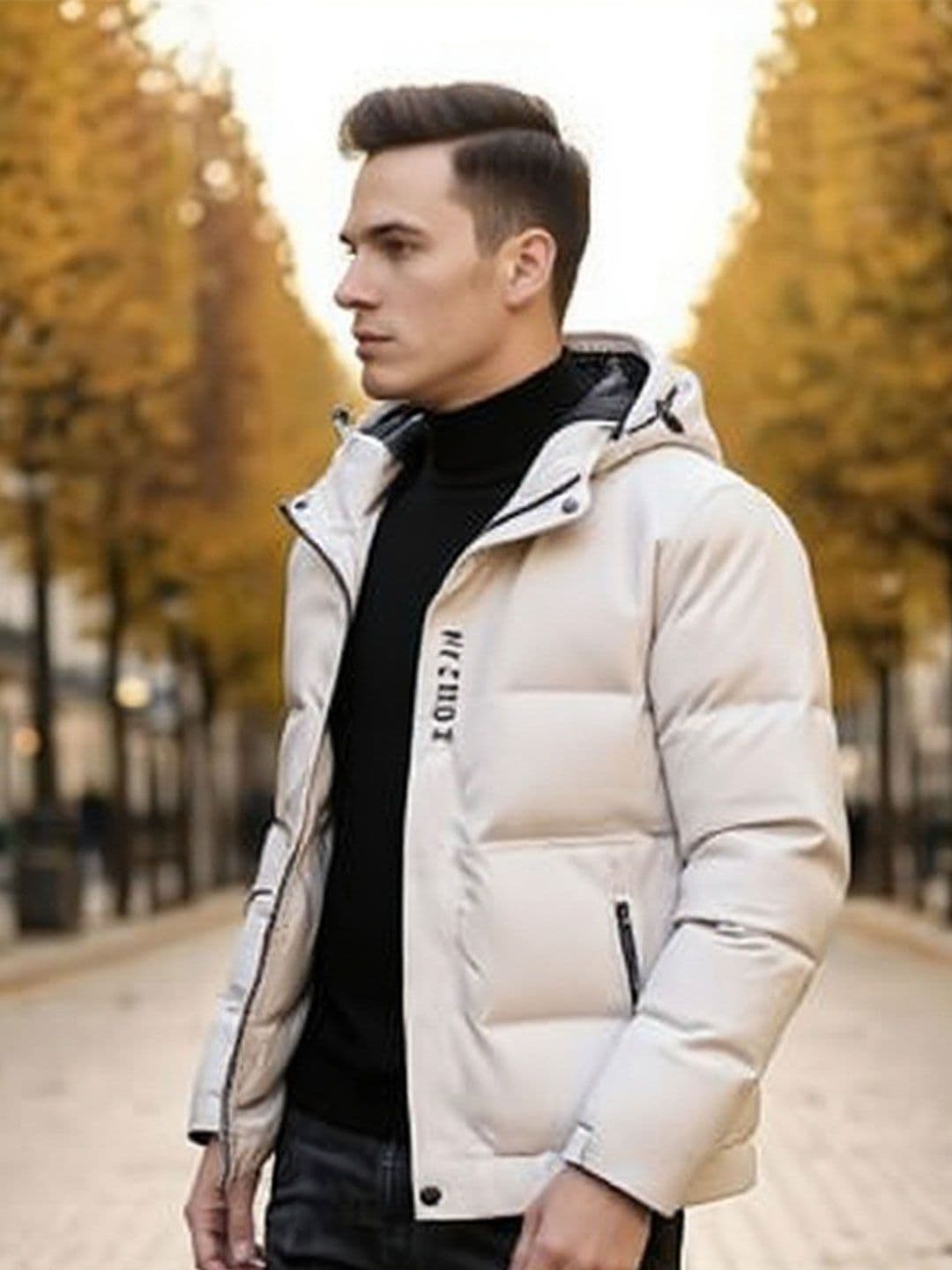 HERE&NOW Men Off-White Hooded long Sleeves Insulator Polyester Padded Jacket - view 1