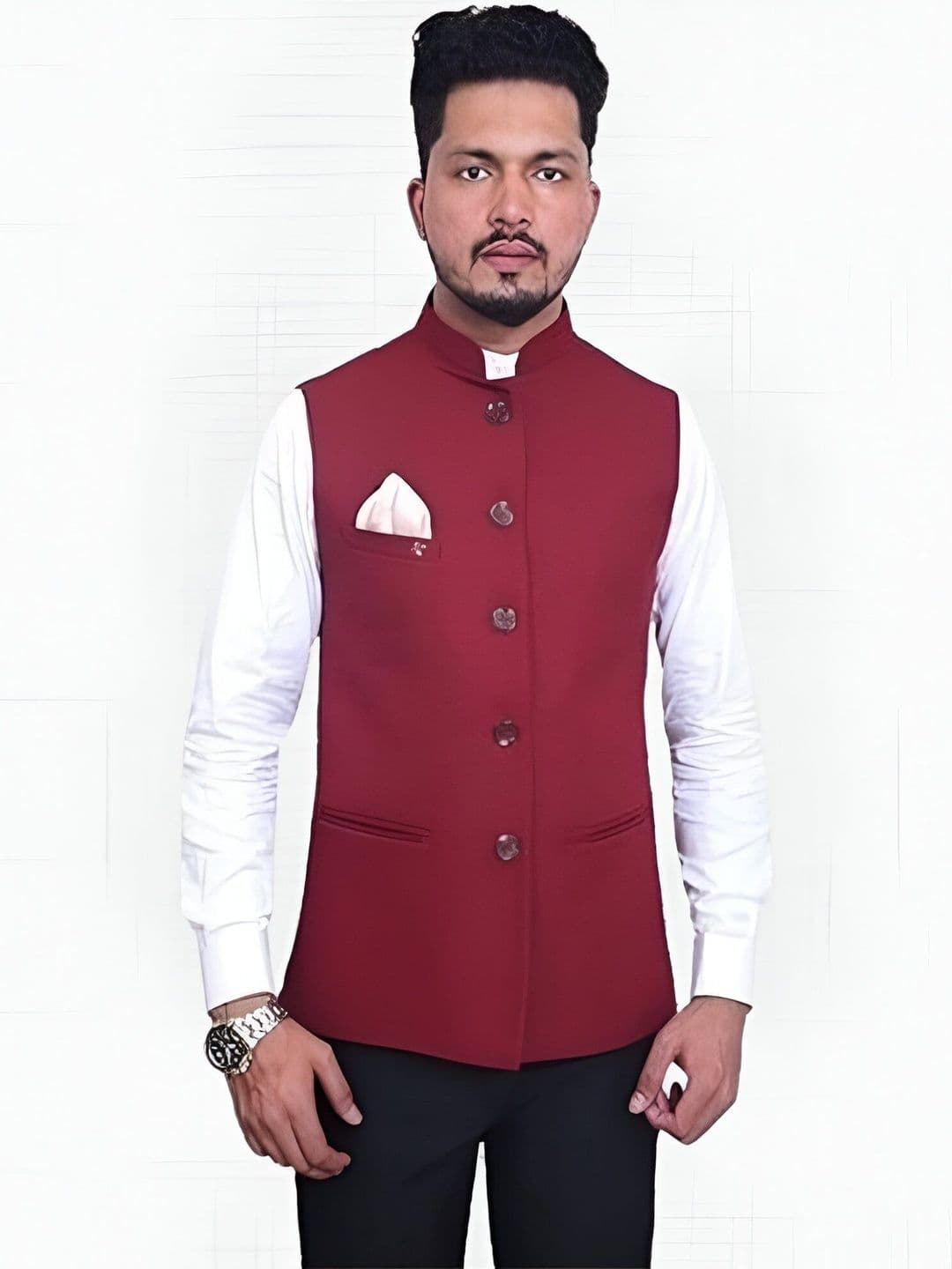 RISANI Men Red Solid Pure Cotton Regular Nehru Jackets - view 1