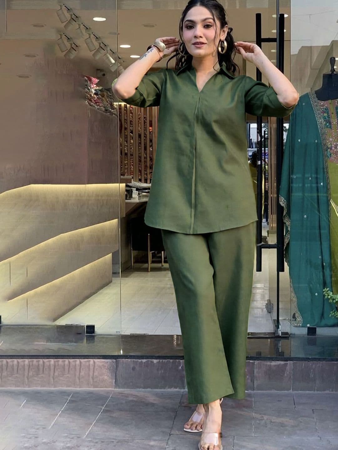ALLEN WEAVE Shirt Collar Top With Trousers - view 1