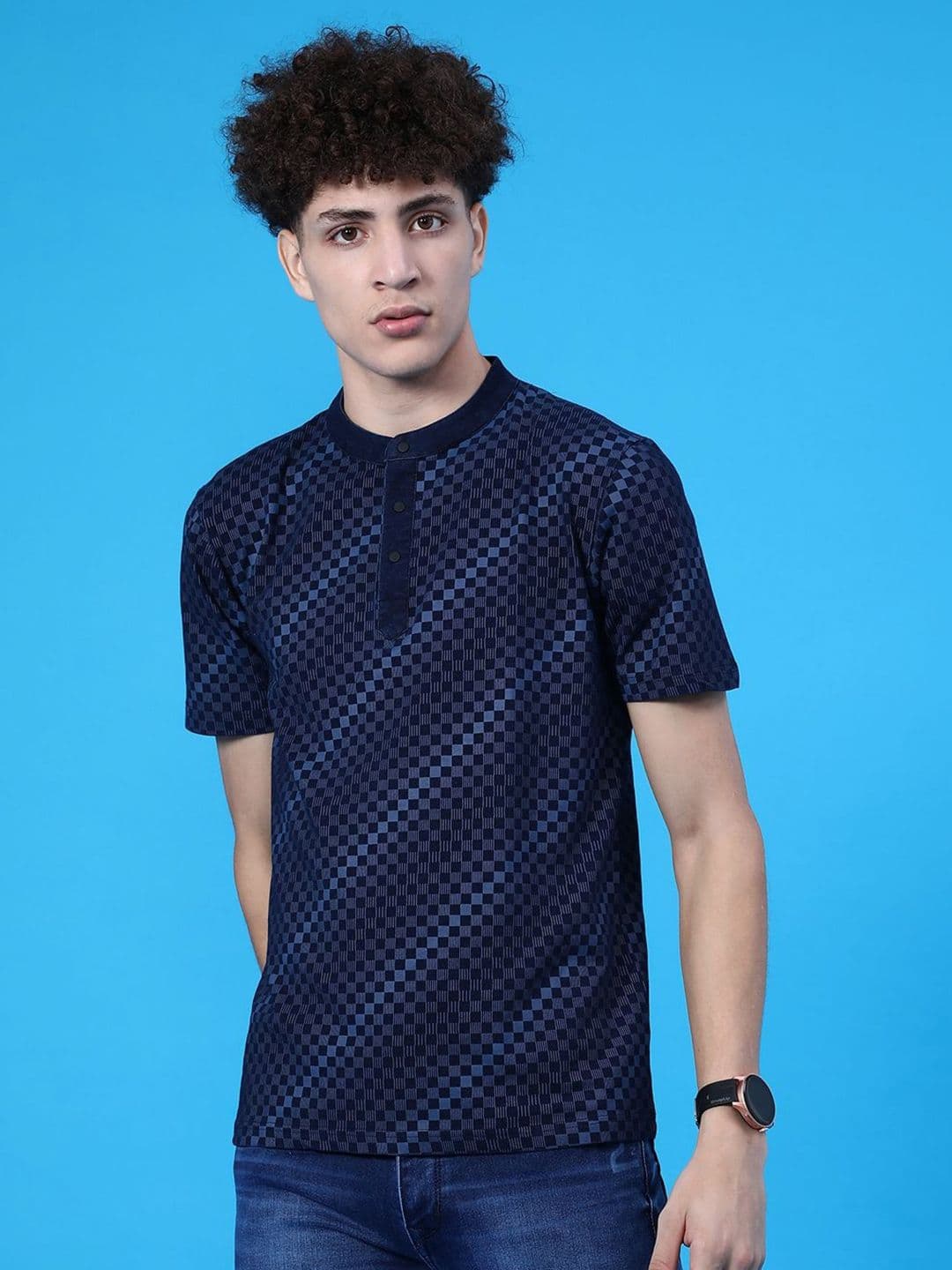 V-Mart Geometric Printed Henley Neck Cotton T-shirt - view 1