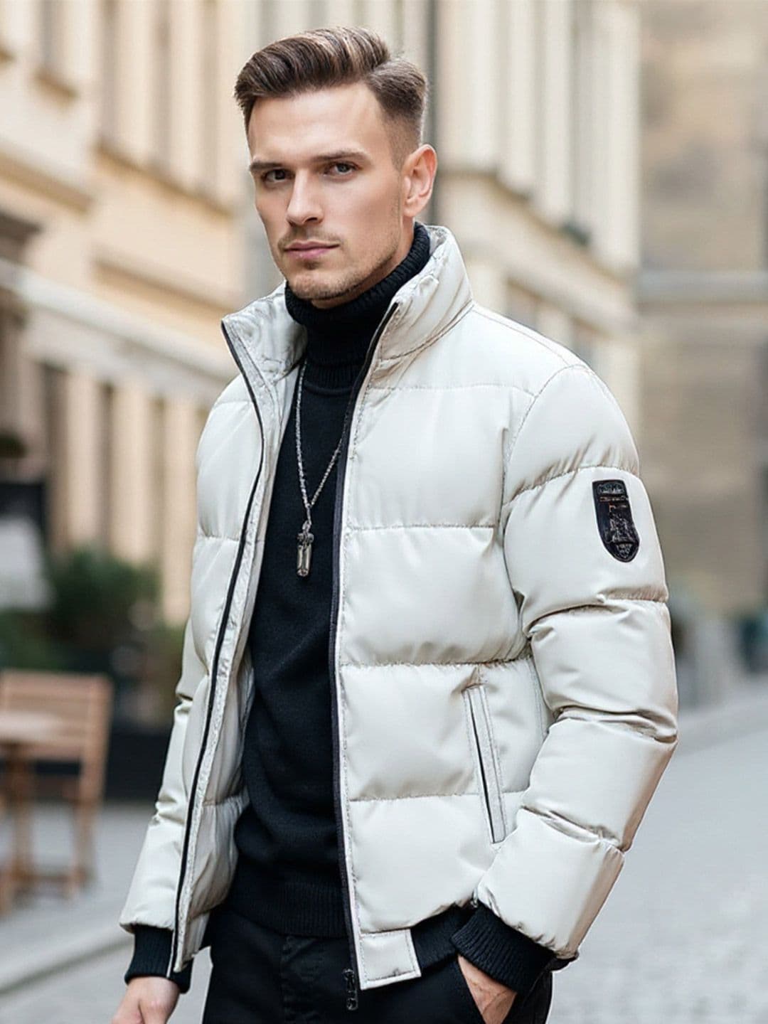 HERE&NOW Men Beige Solid Mock Collar Polyester Overcoat Padded Jacket - view 1