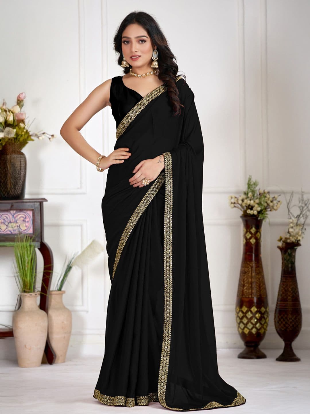 Paramparik Textile Embellished Sequinned Satin Heavy Work Saree - view 1