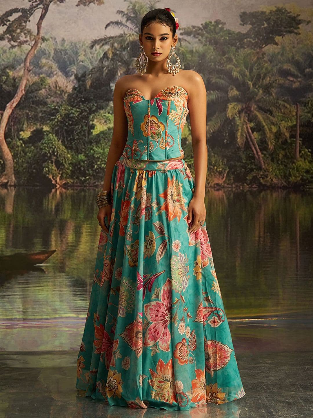 Fusionic Embroidered Off-Shoulder Ready to Wear Lehenga With Corset Blouse & Dupatta - view 1