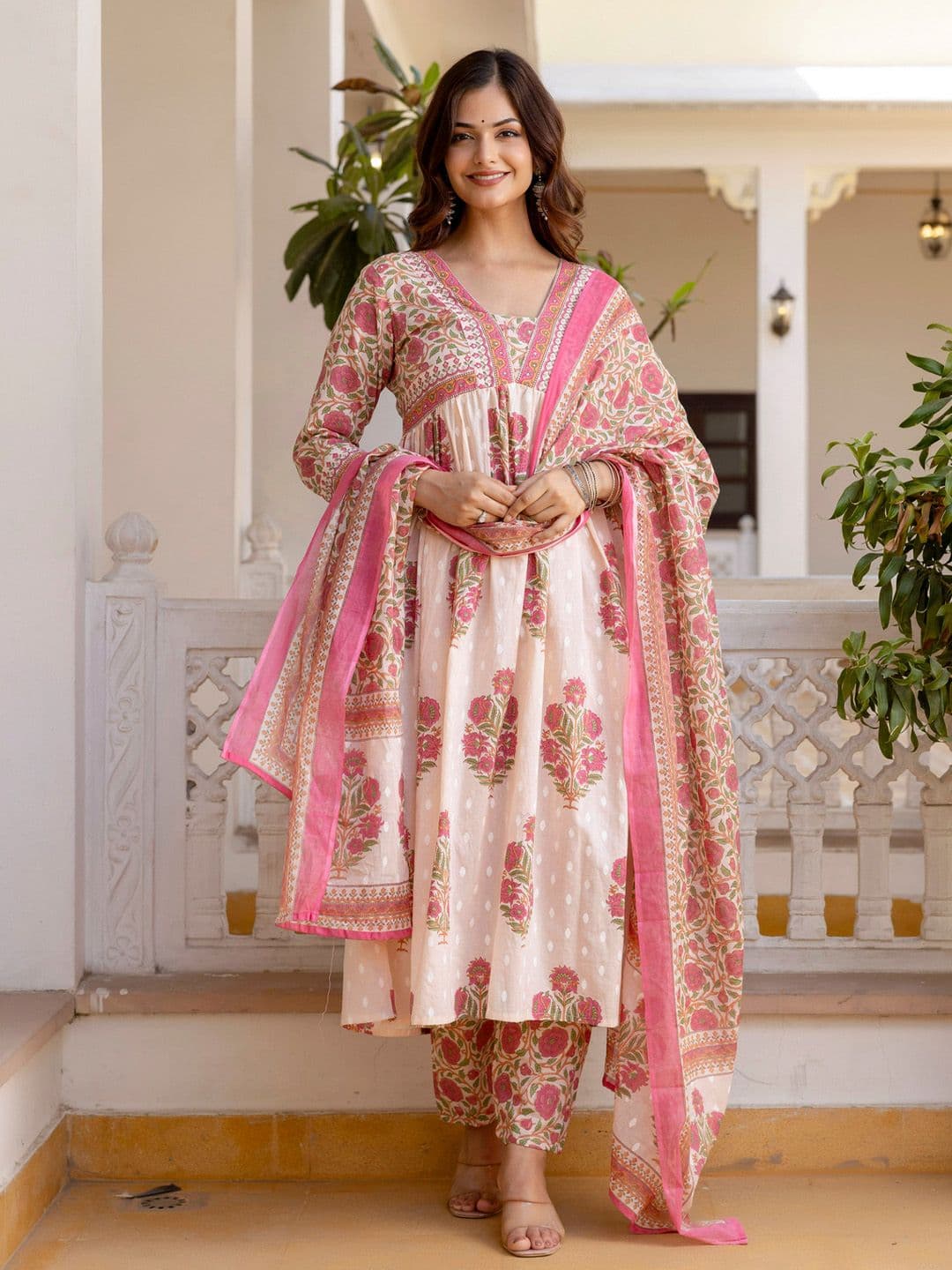 KALINI Floral Printed Empire Sequinned Anarkali Pure Cotton Kurta ,Trousers & Dupatta - view 1