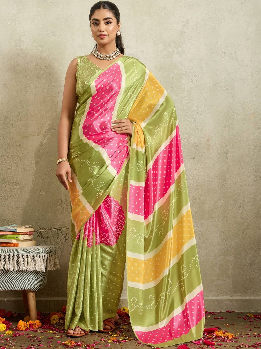 RACHNA Bandhani Printed Tasselled Ready To Wear Satin Saree With Unstiched Blouse - view 1