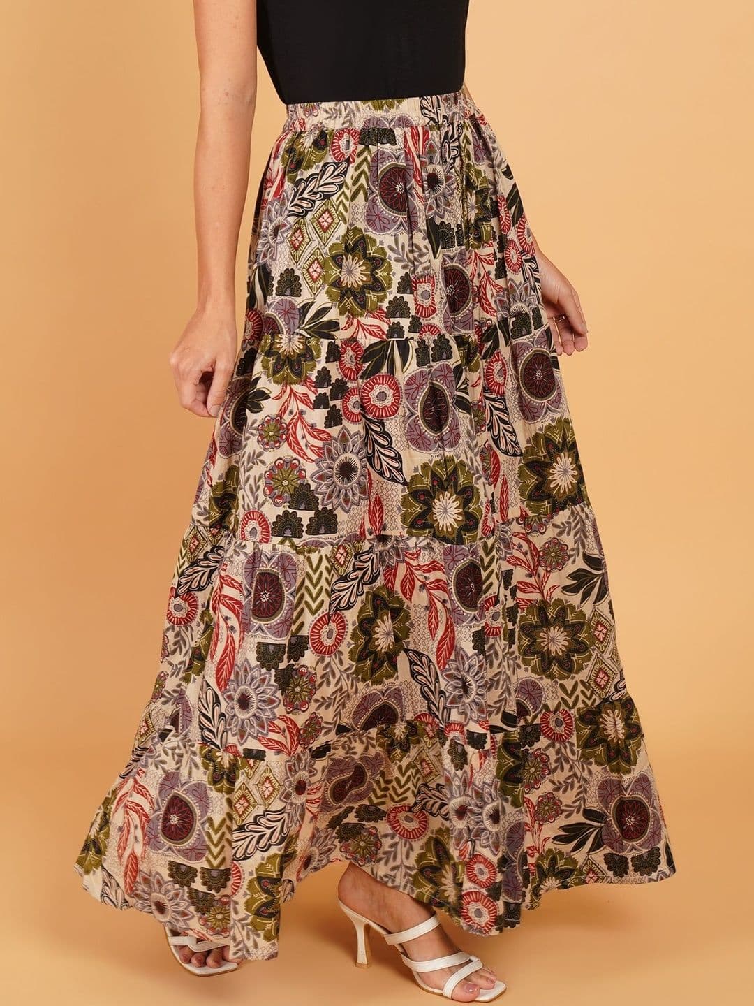 Ethic Glance Women Ethnic Motifs Printed Tiered Maxi Skirt - view 1