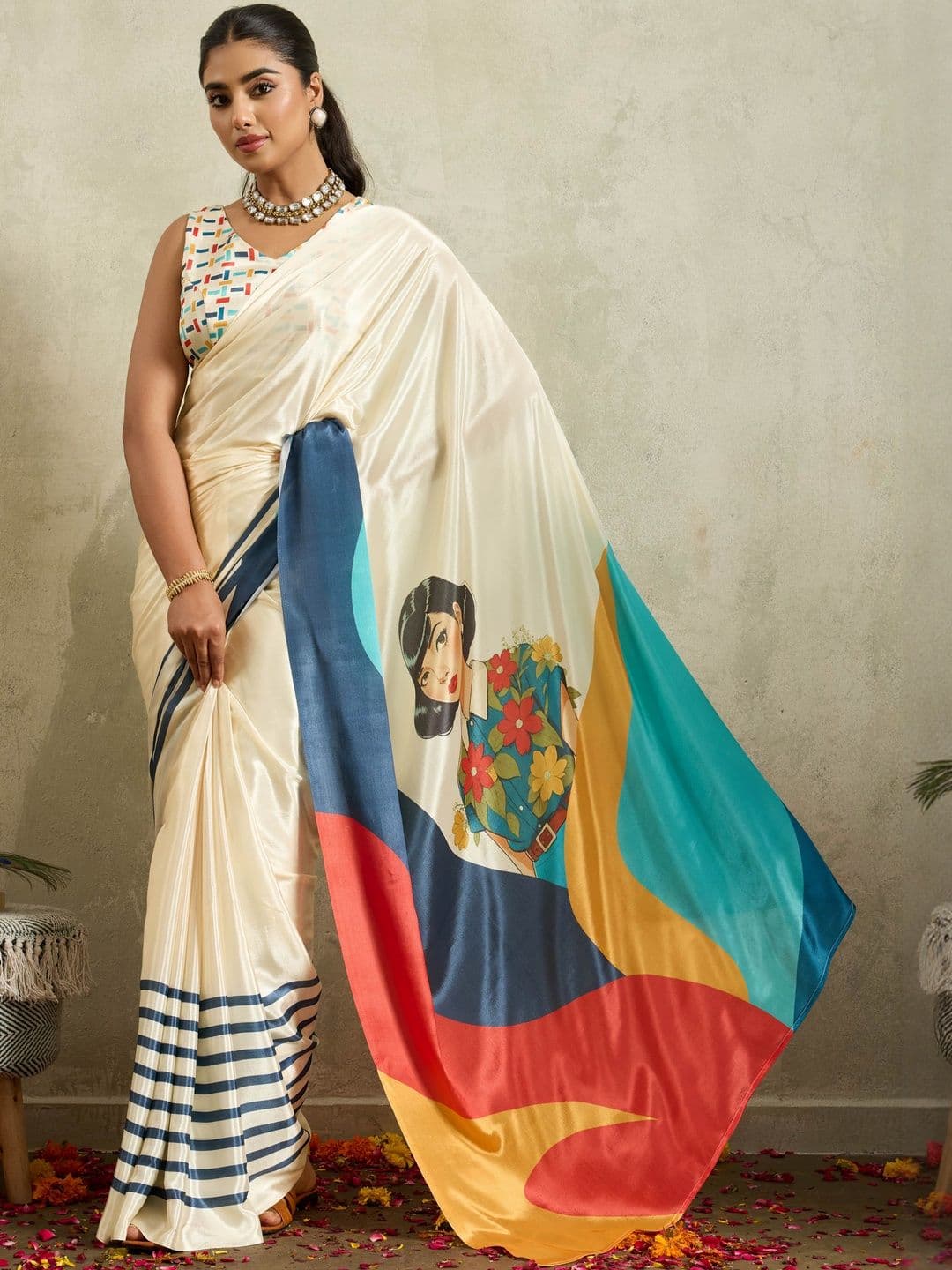 RACHNA Abstract Printed Ready To Wear Satin Saree With Blouse - view 1