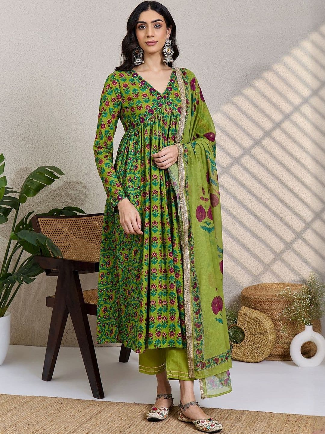 Indo Era Floral Printed Panelled Pure Cotton Kurta With Trouser & Dupatta - view 1