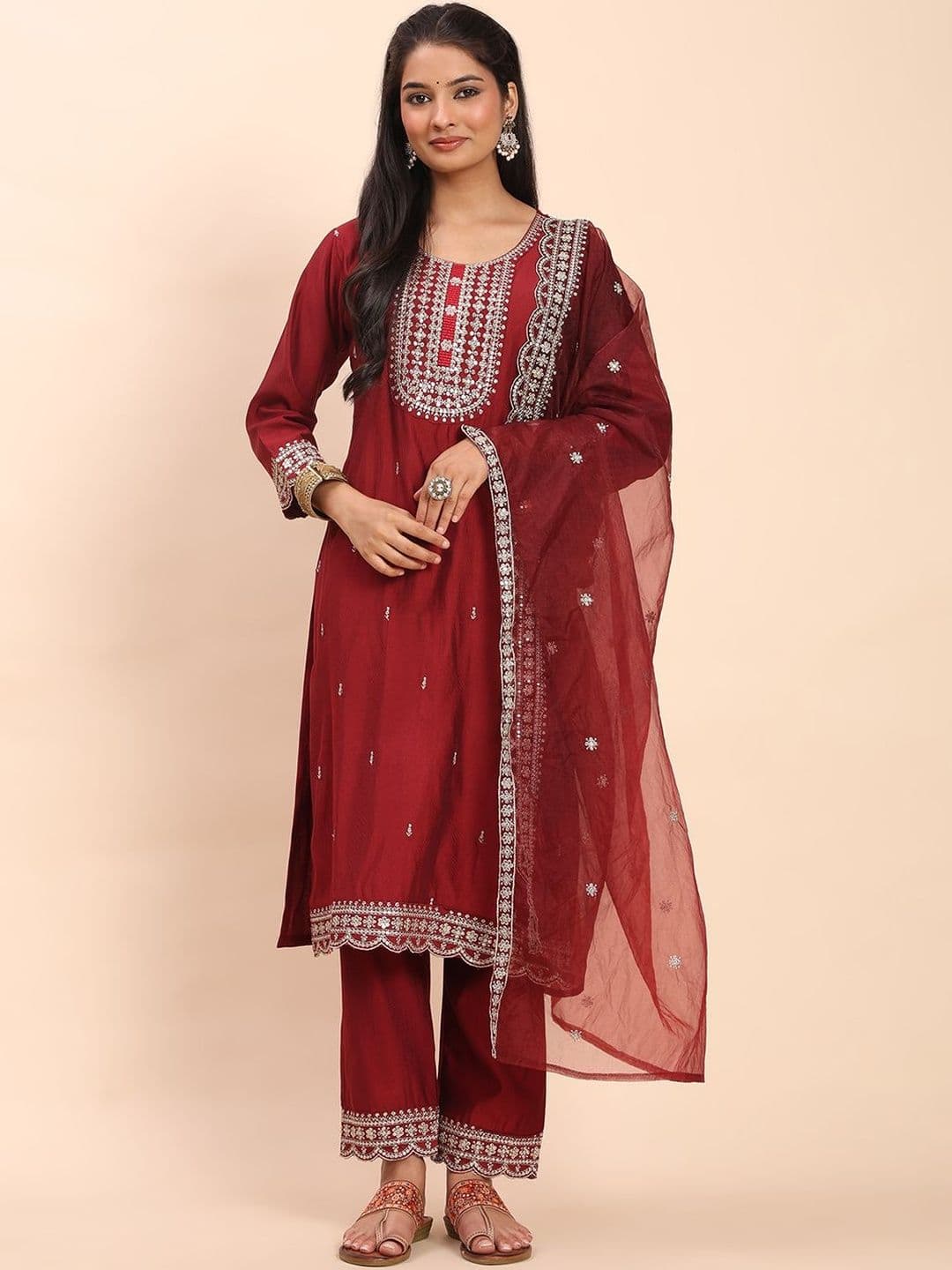 DIVASTRI Ethnic Motifs Embroidered Thread Work Pure Silk Kurta With Trousers & Dupatta - view 1