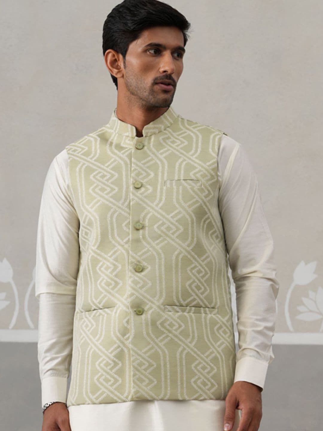 Jompers Geometric Printed Mandarin Collar Satin Nehru Jacket - view 1