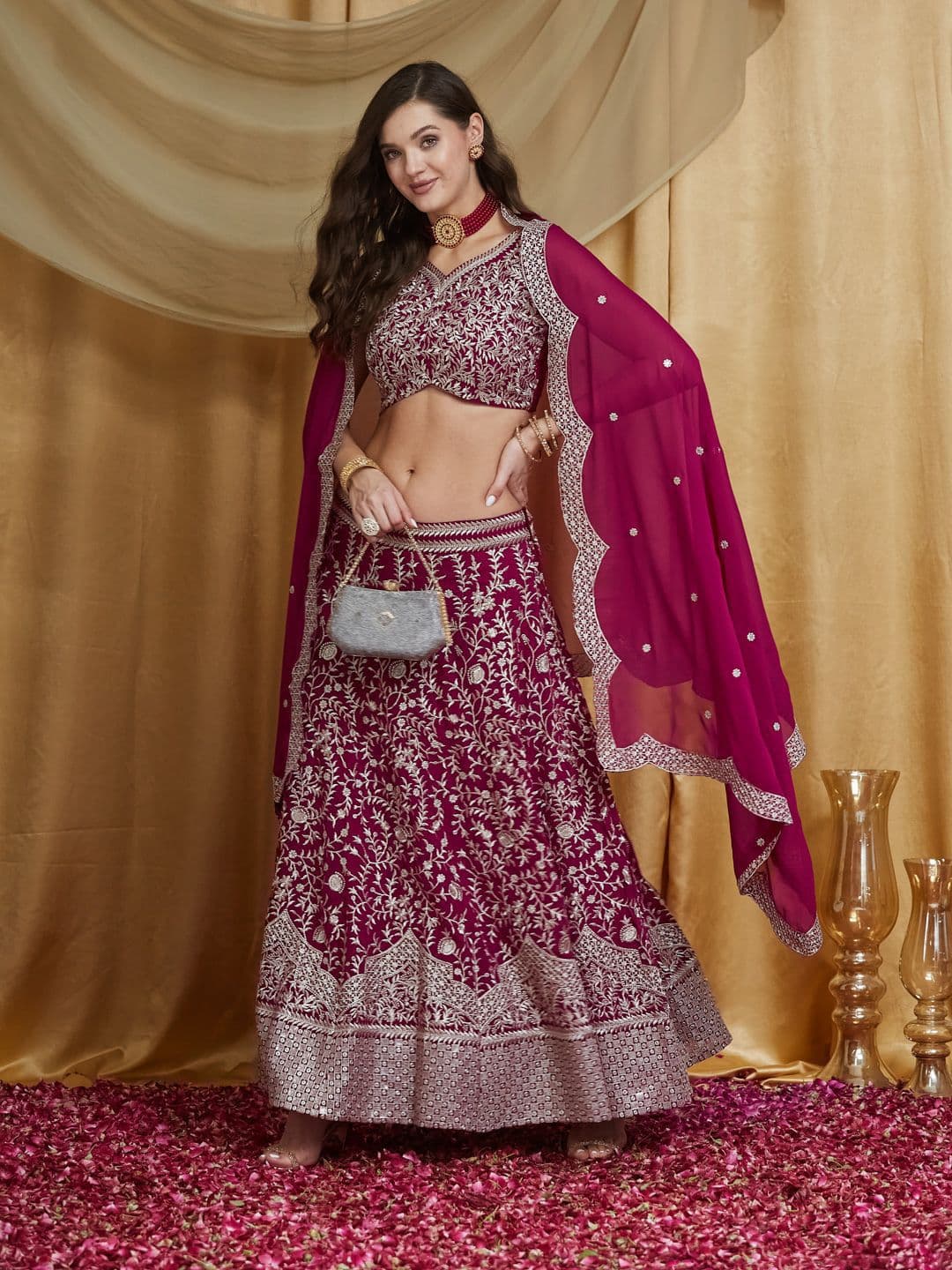KAVINDI Women Floral Embroidered Semi-Stitched Lehenga & Unstitched Blouse with Dupatta - view 1