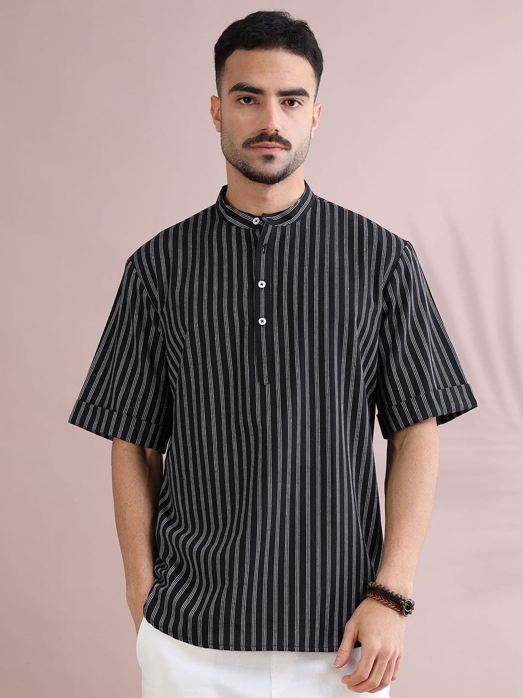 FILORI STUDIO Striped Mandarin Collar Thread Work Pure Cotton Kurta - view 1